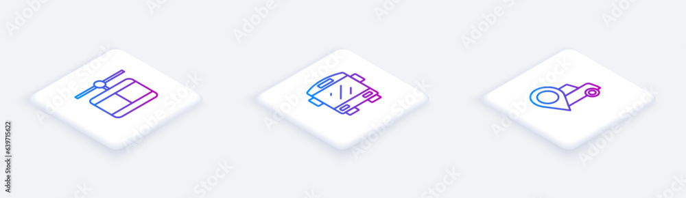 Set Isometric line Cable car, Bus and Location with taxi. White square button. Vector Set Isometric line Cable car, Bus and Location with taxi. White square button. Vector
