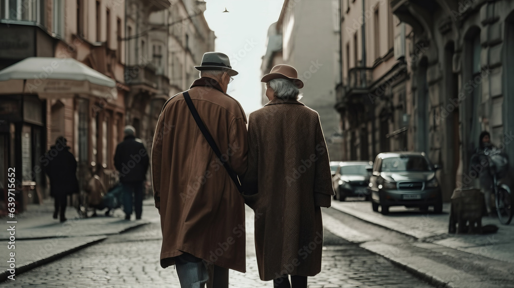 Old couple walking. Created with Generative AI technology.