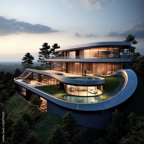 Modern minimalist cottage with smooth curved forms. Villa with balcony on the hill