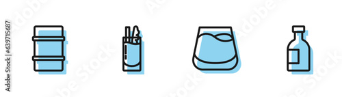 Set line Glass of whiskey, Metal beer keg, Cocktail Bloody Mary and bottle vodka icon. Vector