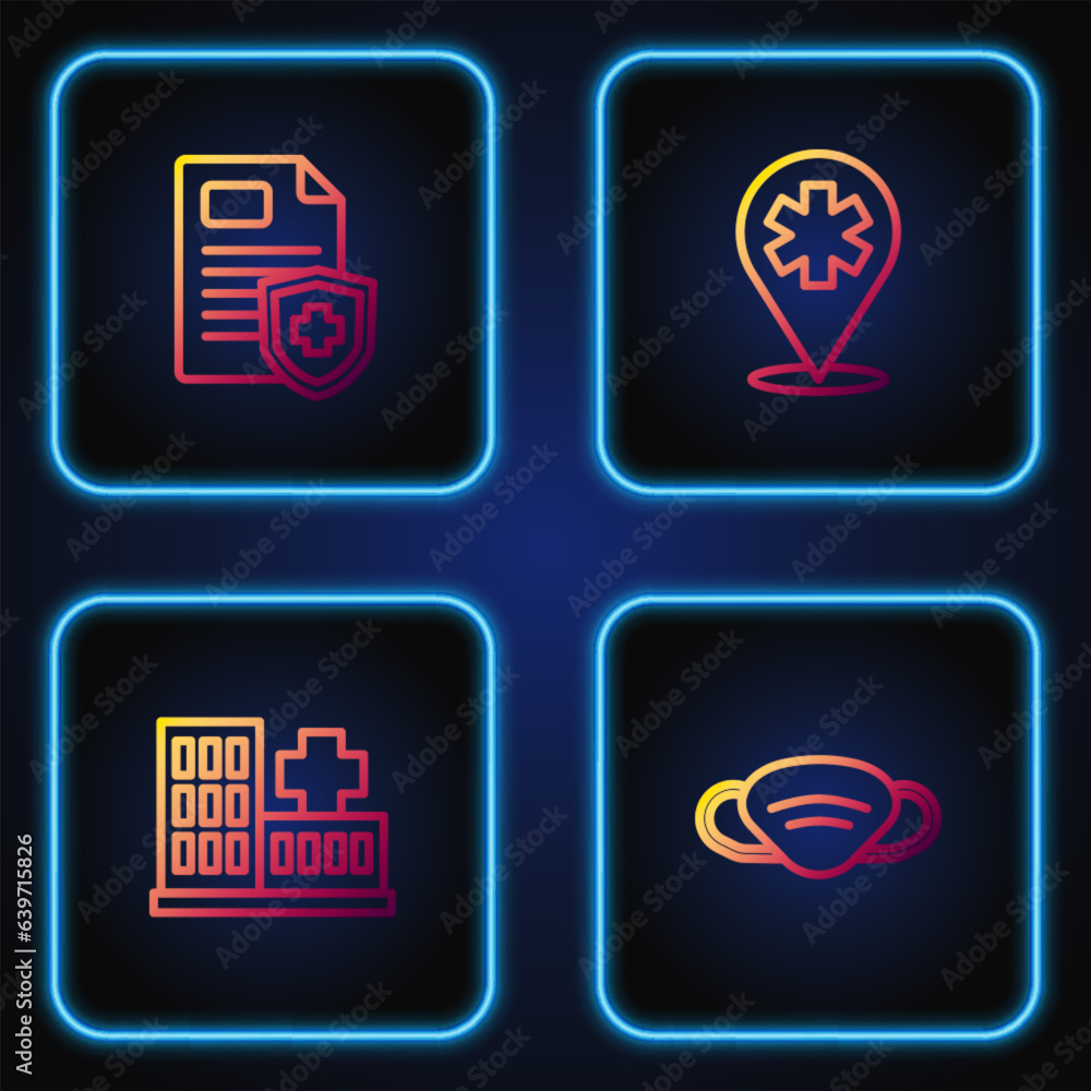 Set line Medical protective mask, Hospital building, Patient record and Location hospital. Gradient color icons. Vector Set line Medical protective mask, Hospital building, Patient record and Location hospital. Gradient color icons. Vector