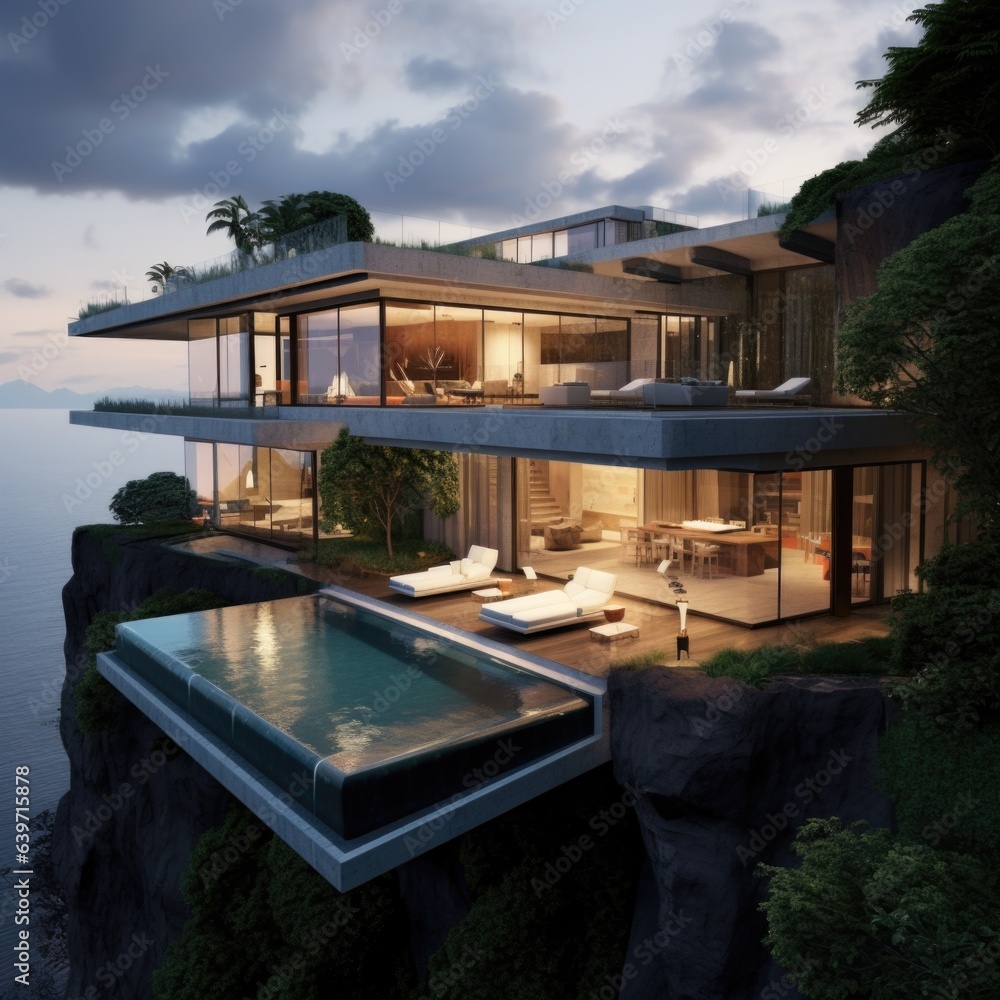 Modern villa on a cliff. Mansion with terrace and pool