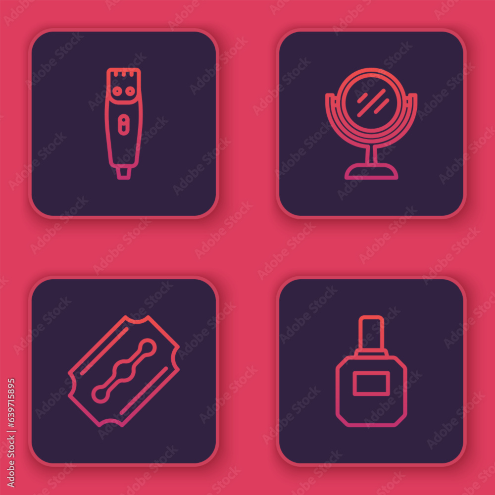 Set line Hair clipper, Blade razor, Hand mirror and Aftershave. Blue square button. Vector Set line Hair clipper, Blade razor, Hand mirror and Aftershave. Blue square button. Vector