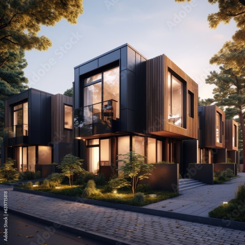 Modern modular private townhouses. Residential architecture exterior. © Interior Design