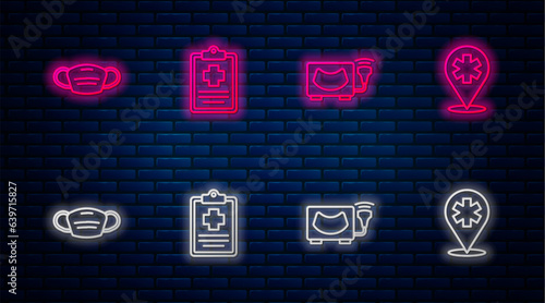 Set line Patient record, Ultrasound, Medical protective mask and Location hospital. Glowing neon icon on brick wall. Vector