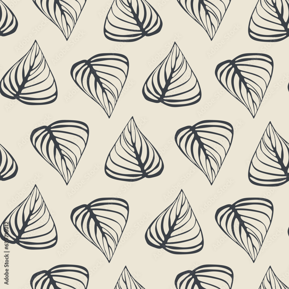 Veined leaves create a seamless pattern for modern tropical textiles. White and black. Vector.