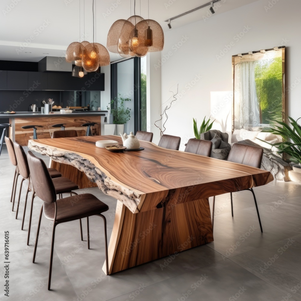 Natural wooden slab dining table and chairs near it. Interior design of modern living or dining room Natural wooden slab dining table and chairs near it. Interior design of modern living or dining room