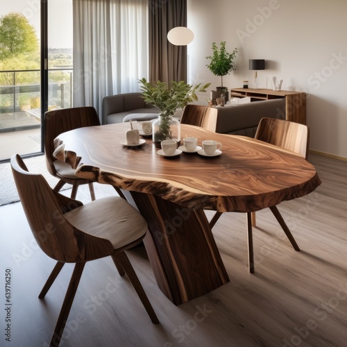 Natural wooden slab round dining table and chairs near it. Interior design of modern living or dining room