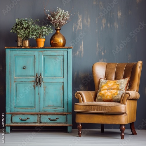Old antique chair near turquoise wood retro cabinet with decorative vases. Vintage classic home interior design of living room.