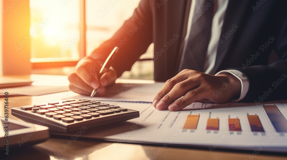 In the office, an accountant works at his desk, using a calculator to ...