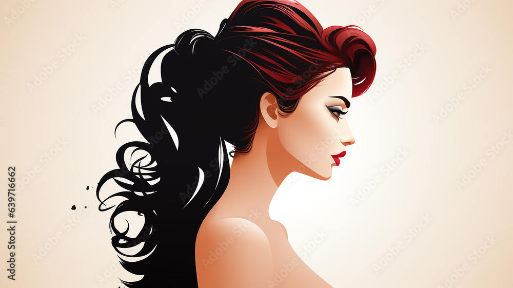 Barbershop logo, hair salon, girl with luxurious hair, cosmetology and hair health concept Barbershop logo, hair salon, girl with luxurious hair, cosmetology and hair health concept