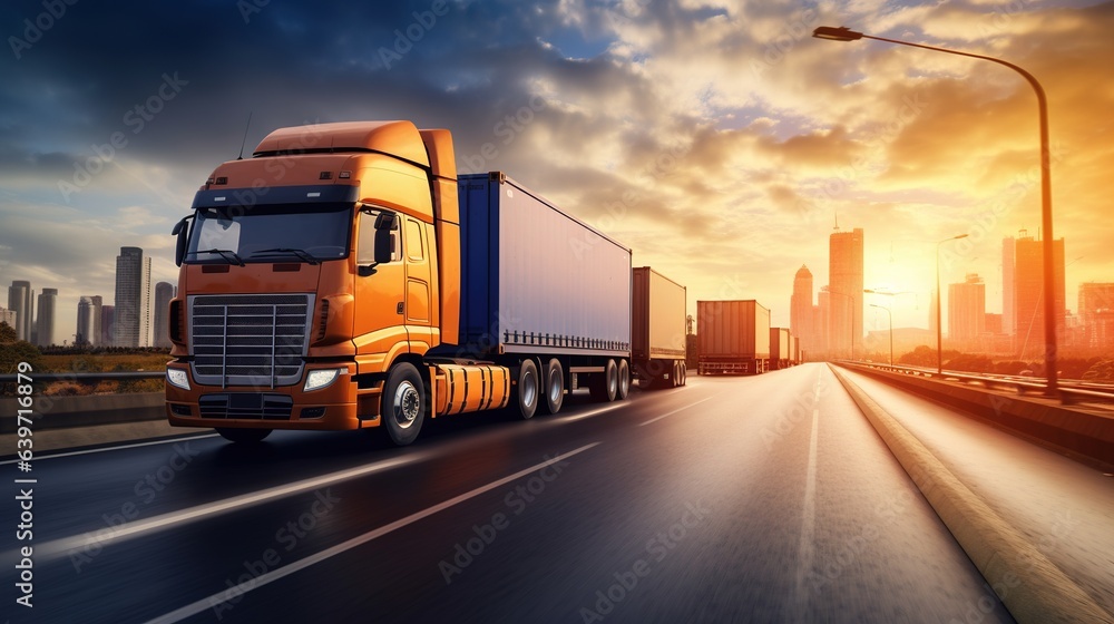 Sunset Highway Logistics: A powerful orange semi-truck leads a convoy along a sleek highway, silhouetted against a vibrant cityscape sunset. The image evokes feelings of power, efficiency. Sunset Highway Logistics: A powerful orange semi-truck leads a convoy along a sleek highway, silhouetted against a vibrant cityscape sunset. The image evokes feelings of power, efficiency.