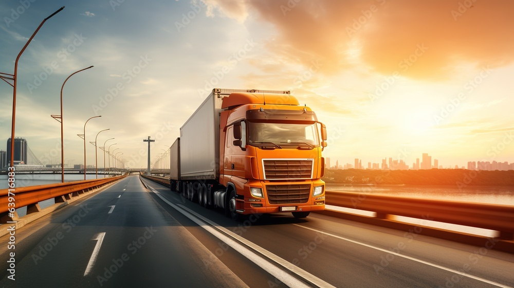 truck on the highway with Global business logistics import export background