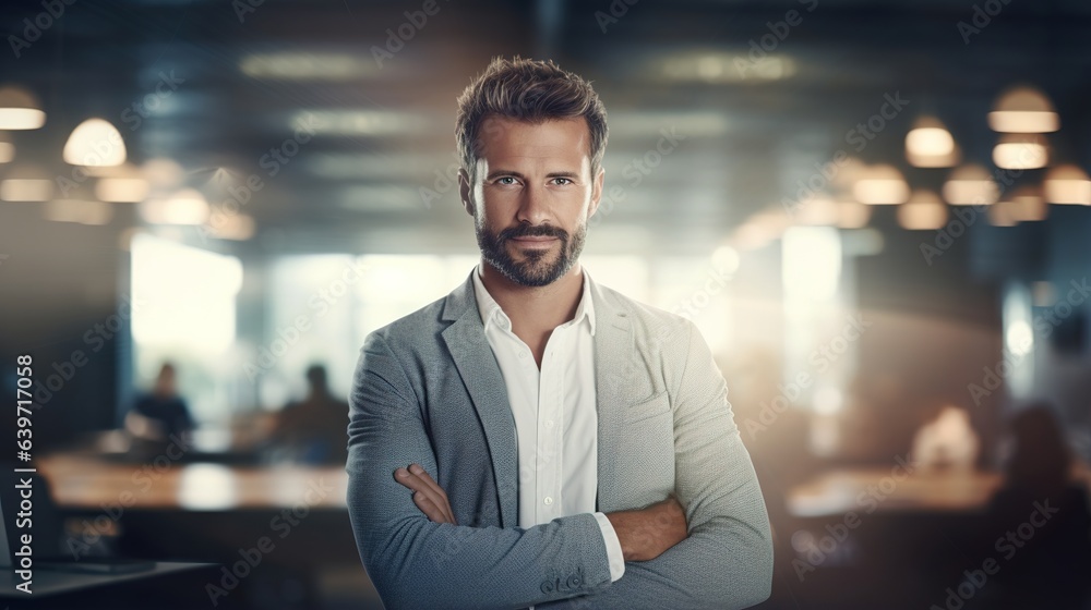 Fototapeta premium Confident Businessman Portrait: A charismatic man with arms crossed, exuding confidence and professionalism in a modern office setting. The image captures ambition and leadership. 