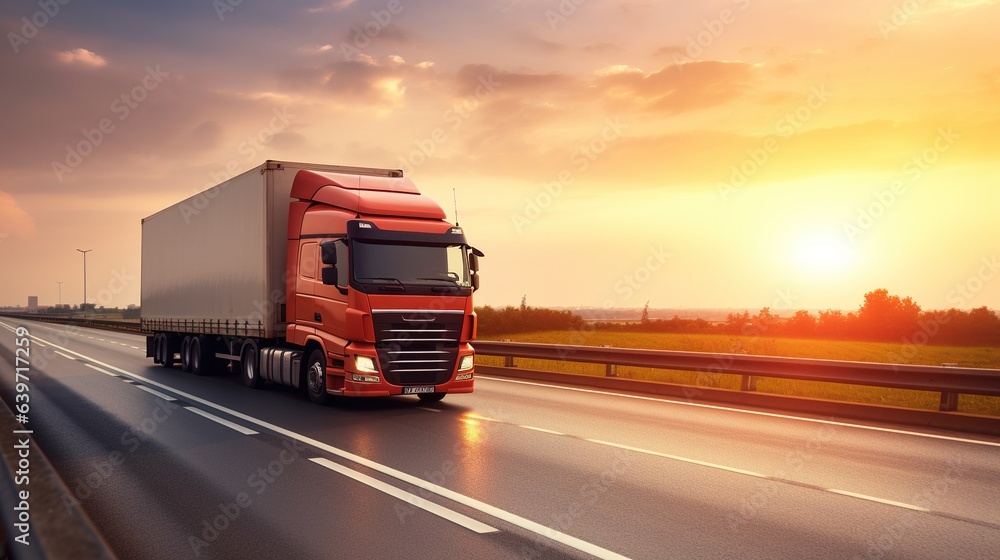 Red Truck on Highway at Sunset Red Truck on Highway at Sunset