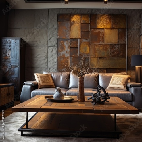 Rustic furniture against of decorative metal panel wall. Interior design of modern living room.