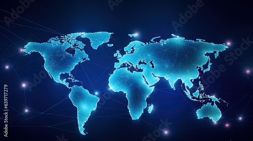 Global Network: A glowing world map on a blue background, with a web of connections symbolizing the interconnectedness of global communication and collaboration.  
