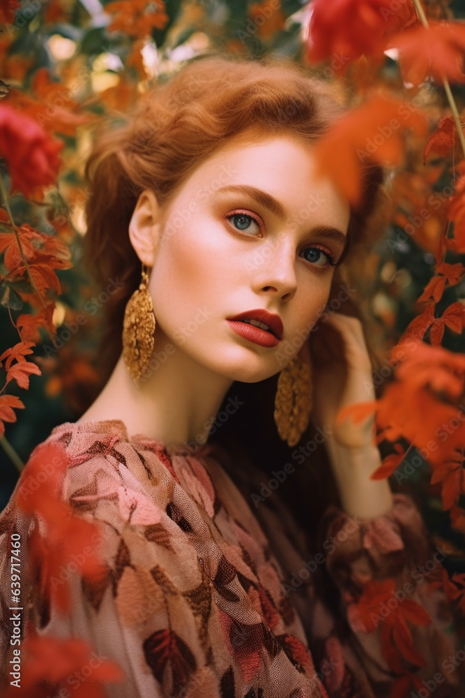 portrait of a woman/model/book character in autumn colours cottage core leafs October setting in a fashion/beauty editorial magazine style film photography look - generative ai art portrait of a woman/model/book character in autumn colours cottage core leafs October setting in a fashion/beauty editorial magazine style film photography look - generative ai art