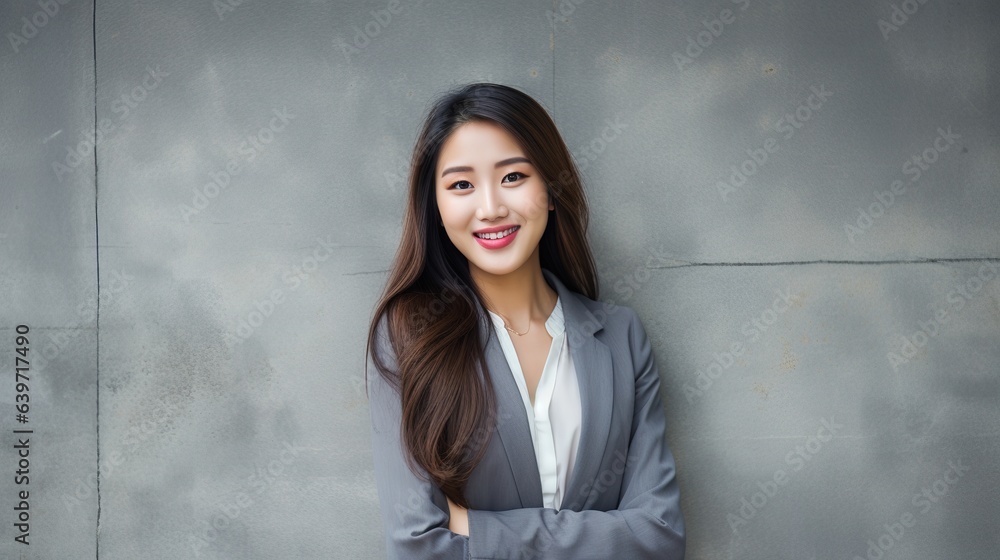Portrait of a young Asian businesswoman standing with her arms crossed against a gray wall background. Portrait of a young Asian businesswoman standing with her arms crossed against a gray wall background.