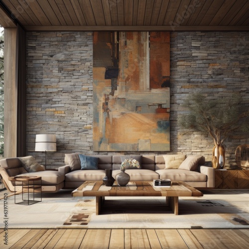 Rustic interior design of modern living room with tiled stone wall and abstract wall decor