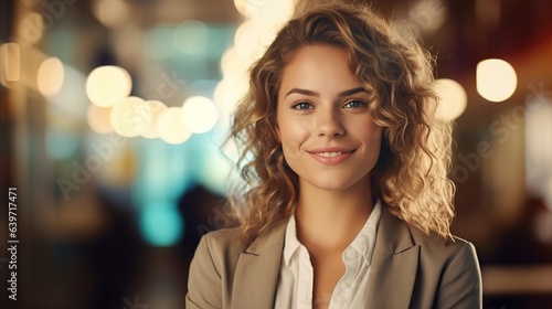 businesswoman standing with her arms crossed on office background