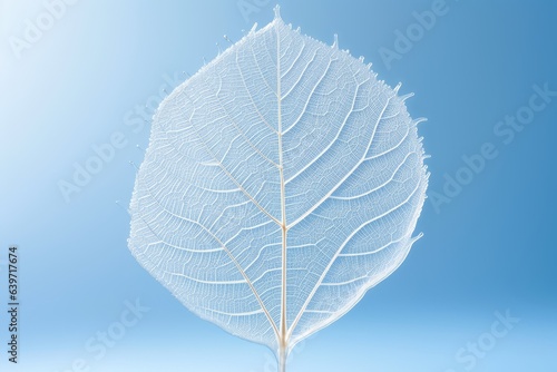 Beautiful white skeletonized leaf on light blue background