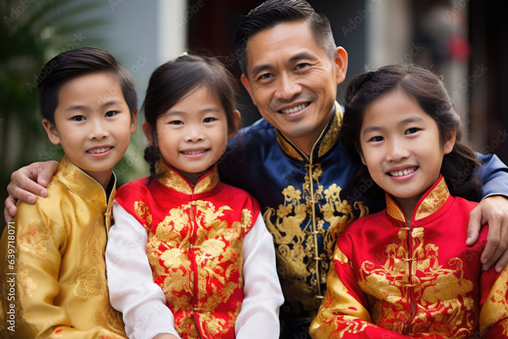 An Asian family of five cheers in jubilation as they dress in their finest attires for the Vietnamese Lunar New Year held in their city. An Asian family of five cheers in jubilation as they dress in their finest attires for the Vietnamese Lunar New Year held in their city.