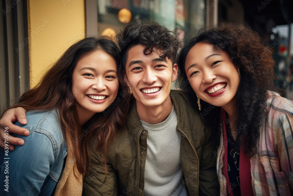 Fototapeta premium A multicultural group of four Asian friends laughing joyfully while standing with their arms around one another exemplifying the strong bond between the many different cultures within