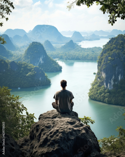 A Thai man sitting at the peak of a limestone karst formation his arms dd to the side as he takes in the captivating view of the nearby bay. A majestic landscape that could only be