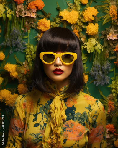 An East Asian woman with bangs styled in the traditional tousle stands in front of a vibrant green wall covered in intricate vines and flowers. Her yellow dress and stylish sunglasses
