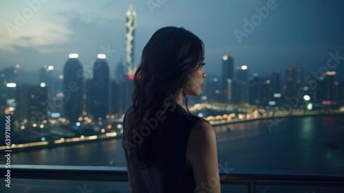 A Taiwanese woman stands poised at the edge of a bridge her gaze on the distant skyline. She looks to be taking in the citys views with a sense of awe savoring the experiences it provides.