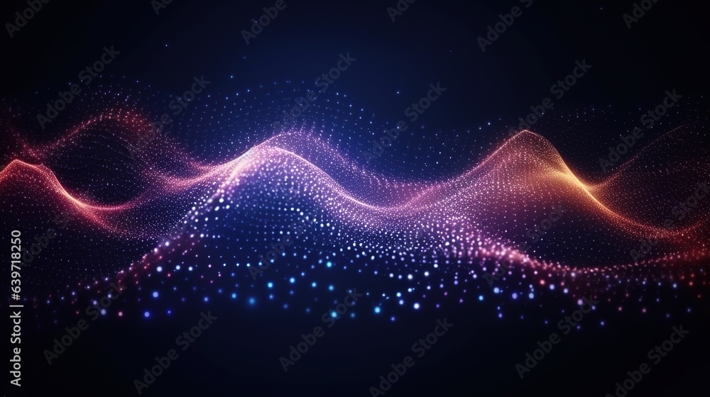 Obraz premium Abstract Particle Wave: A mesmerizing digital art piece featuring a vibrant, undulating wave of particles in shades of pink, blue, and orange against a dark background.