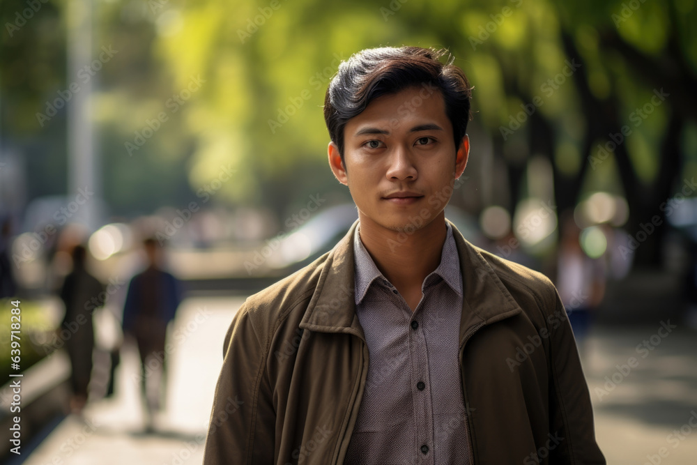 An Indonesian man stands in a city park a peaceful figure next to the busy streets. He studies his surroundings with a keen awareness his stoic expression unreadable yet filled with