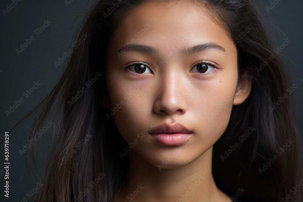 A fearless face of an Asian teenage girl looks straight at the camera with a gaze of determination and courage. Her skin is a glowing copper and her hair is slicked back slick showing A fearless face of an Asian teenage girl looks straight at the camera with a gaze of determination and courage. Her skin is a glowing copper and her hair is slicked back slick showing