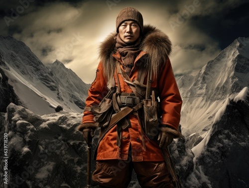 Fényképezés A brave Chinese explorer stands at the summit of a mountain resolute despite the treacherous terrain and challenging conditions