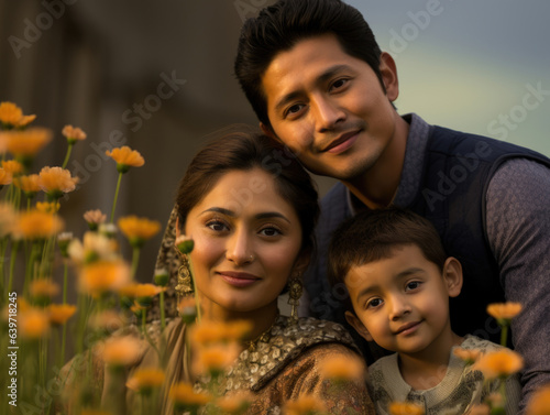 A Nepalese family pauses at the edge of a field of wildflowers. The late afternoon sun casts an orange glow across their eyes frozen in a moment of peacefulness as they take in the