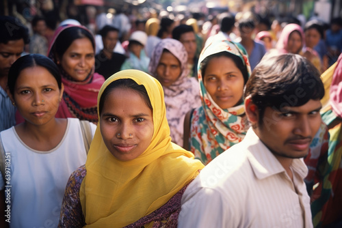 A wideangled portrait of a lively Asian street market with a variety of shoppers in brightly coloured traditional attire from various racial backgrounds flocking through the bustling photo