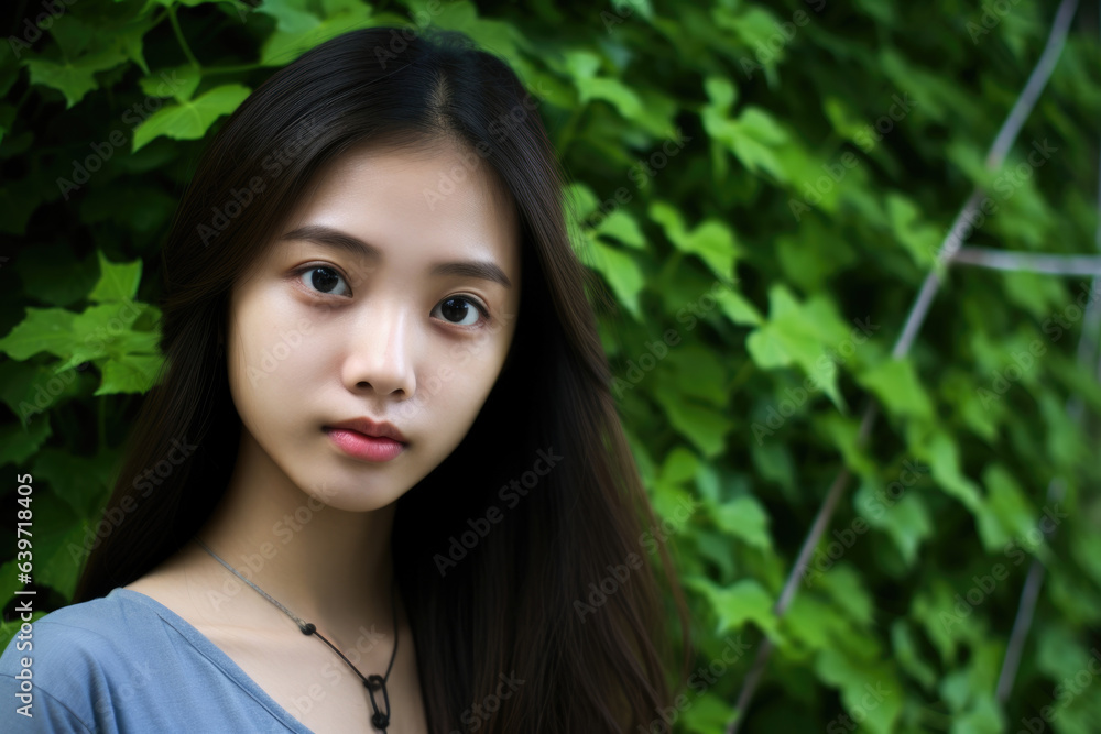 A Vietnamese teenage girl poses against a wall of lush green vines the vibrancy of the background enhancing her Vietnamese features and contrasting against her pale delicate skin. A Vietnamese teenage girl poses against a wall of lush green vines the vibrancy of the background enhancing her Vietnamese features and contrasting against her pale delicate skin.