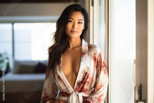 An East Asian woman looking confidently ahead from her floralprint bathrobe with one hand on her hip showing that she is taking the time to look after herself even while dressed for photo