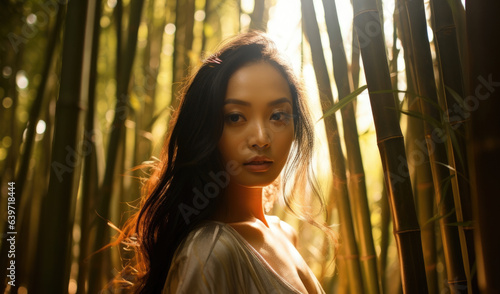 A Burmese woman on a rugged path winding through a dense bamboo forest captivated by the sunbeams filtering through the foliage above her and a sense of wander and exploration filling