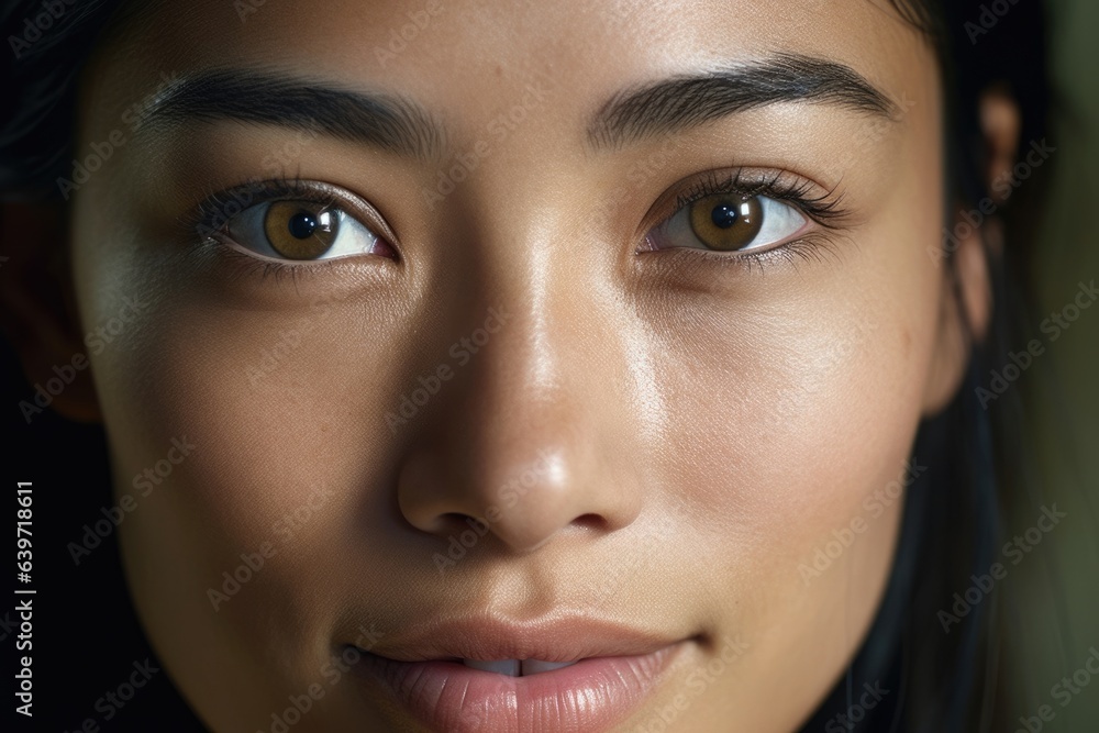 A closeup portrait of an Asian woman her glowing skin reflecting both her inner strength of selfexpression and beauty of her culture. Her almondshaped eyes reflect determination and A closeup portrait of an Asian woman her glowing skin reflecting both her inner strength of selfexpression and beauty of her culture. Her almondshaped eyes reflect determination and