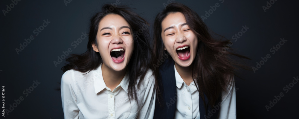 Two young Asian women in formal attire spontaneously burst into laughter their night out filled with unexpected entertainment. Two young Asian women in formal attire spontaneously burst into laughter their night out filled with unexpected entertainment.