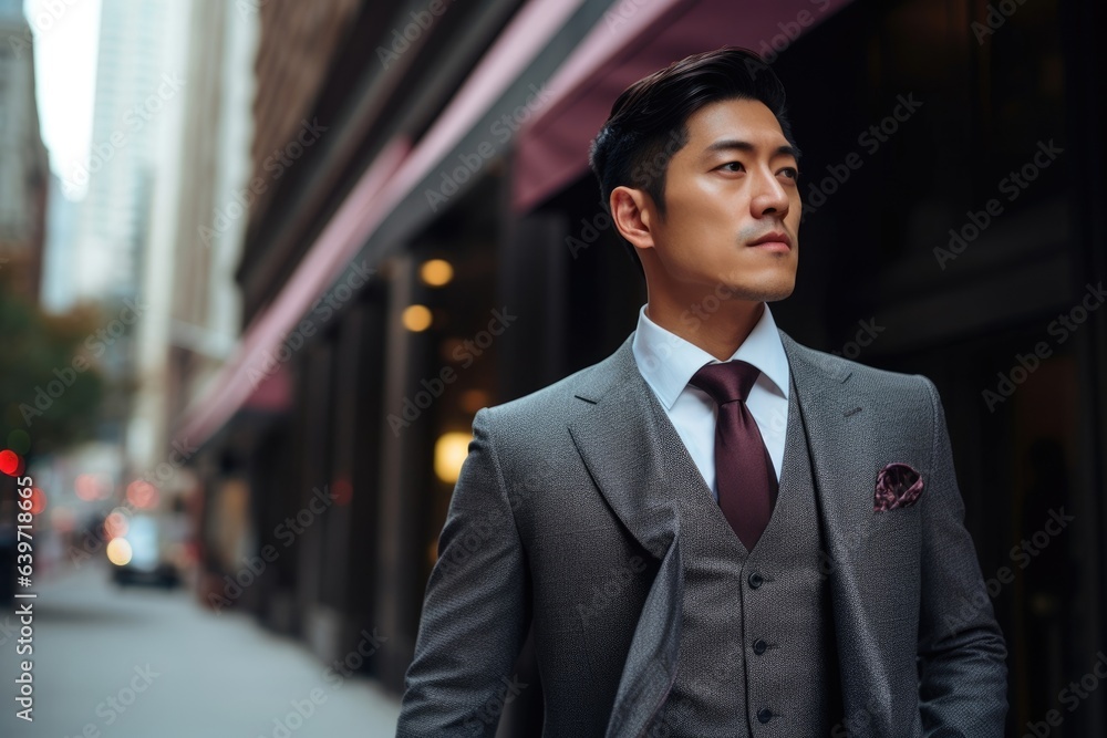A Chinese man in a stylish threepiece suit looks off into the distance part of an emerging trend of modern fashion that draws inspiration from traditional Asian culture. A Chinese man in a stylish threepiece suit looks off into the distance part of an emerging trend of modern fashion that draws inspiration from traditional Asian culture.