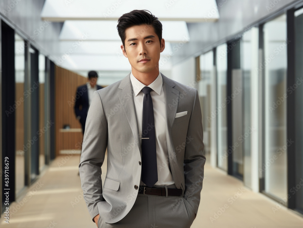 A Korean man stands in the middle of a boardroom hands in his pockets and a grin on his face. His tailored gray suit and tan slacks offset his short black hair and slanted eyes showing A Korean man stands in the middle of a boardroom hands in his pockets and a grin on his face. His tailored gray suit and tan slacks offset his short black hair and slanted eyes showing