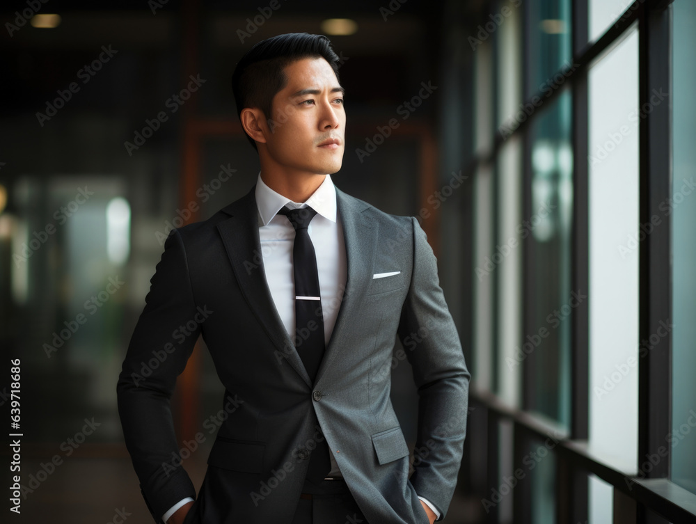 An Asian man in a suit stands with both of his hands in his pocket deep in thought. The angle of his body language and expression show his passion for communicating his ideas and discussing An Asian man in a suit stands with both of his hands in his pocket deep in thought. The angle of his body language and expression show his passion for communicating his ideas and discussing