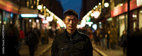 Quirky and eccentric an Asian trendsetter sports an offtherack militaryinspired clothescape on a high street. His almandine eyes sparkle with mischief as he watches the foot traffic photo
