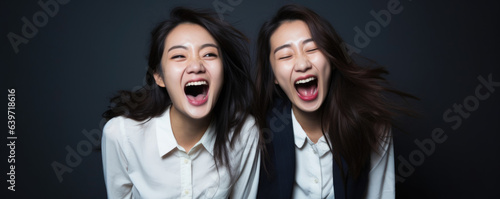 Two young Asian women in formal attire spontaneously burst into laughter their night out filled with unexpected entertainment.
