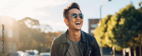 A young Asian man wearing wraparound sunglasses and jeans smiles in confidence as he looks away from the camera. The sun casts a brilliant light on his face highlighting his tration