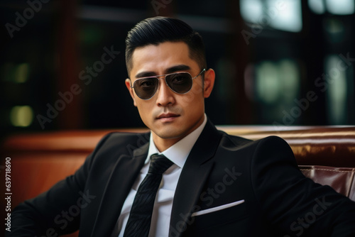 A Chinese entrepreneur s an eyebrow in amut in response to soing said in the boardroom. His jet black hair is combed casually yet with a distinct confidence and ambition and his glasses photo