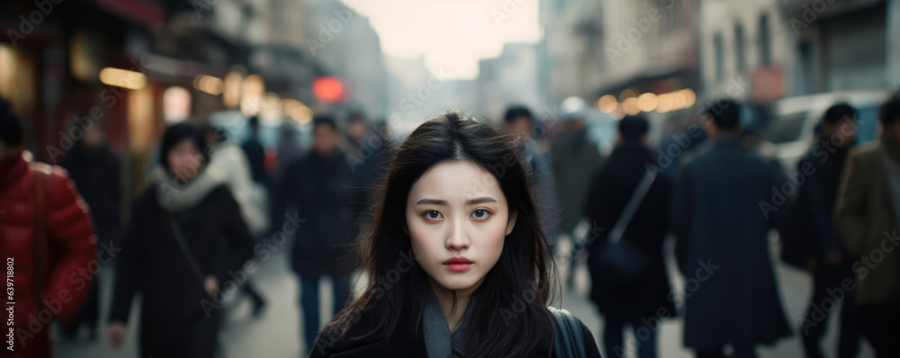 A Chinese woman stands in the middle of a busy street her eyes staring blankly ahead her resolve shifting amidst the chaos of everyday life a lone warrior carrying the burdens of modern A Chinese woman stands in the middle of a busy street her eyes staring blankly ahead her resolve shifting amidst the chaos of everyday life a lone warrior carrying the burdens of modern
